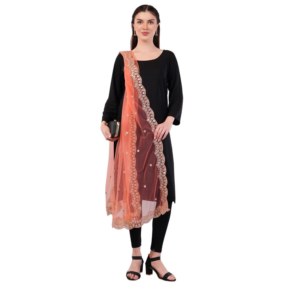 2989 Scalloped Cutwork Net Dupatta, Lightweight And Sheer Shawl, Scarf